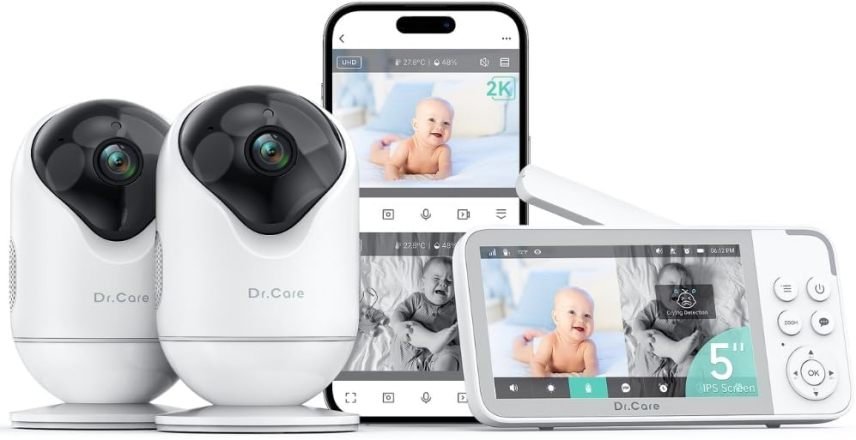 Dr.Care VistaView Baby monitor Wi-Fi intelligente con 2 telecamere – Schermo 5″ 1080p, telecamera 2K, app, avvisi movimento/pianto, visione notturna, batteria 5000 mAh, audio bidirezionale, portata 390 m