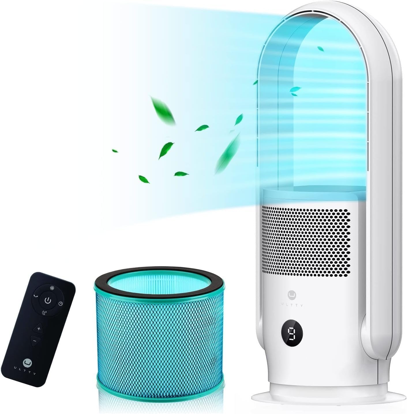 Ventilatore senza pale Ultty con purificatore d'aria – Ventilatore a torre silenzioso, telecomando, comandi touch, timer 8 h, filtro HEPA 99,97%, altezza 80 cm, oscillazione 90°