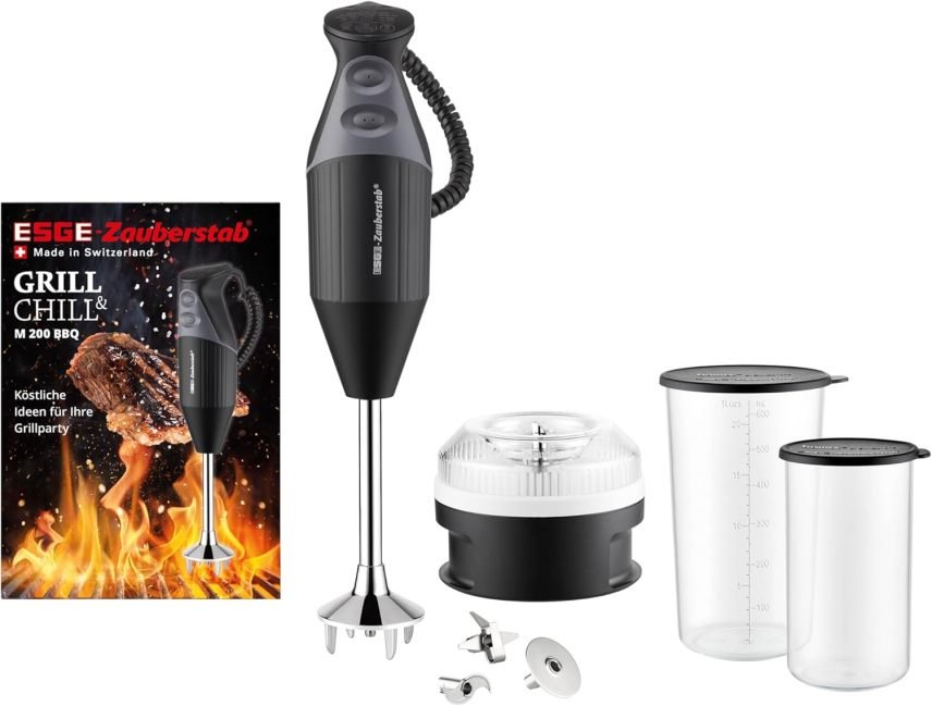 ESGE Zauberstab M 200 BBQ 98215 Frullatore a immersione professionale – Fino a 17.000 giri/min, 200 W, accessori inclusi, impugnatura ergonomica, motore AC, nero