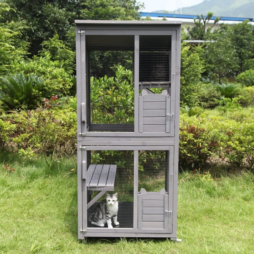 Catio / casa per gatti – Grande recinto in legno per interno/esterno con porta extra large, piattaforme e casetta