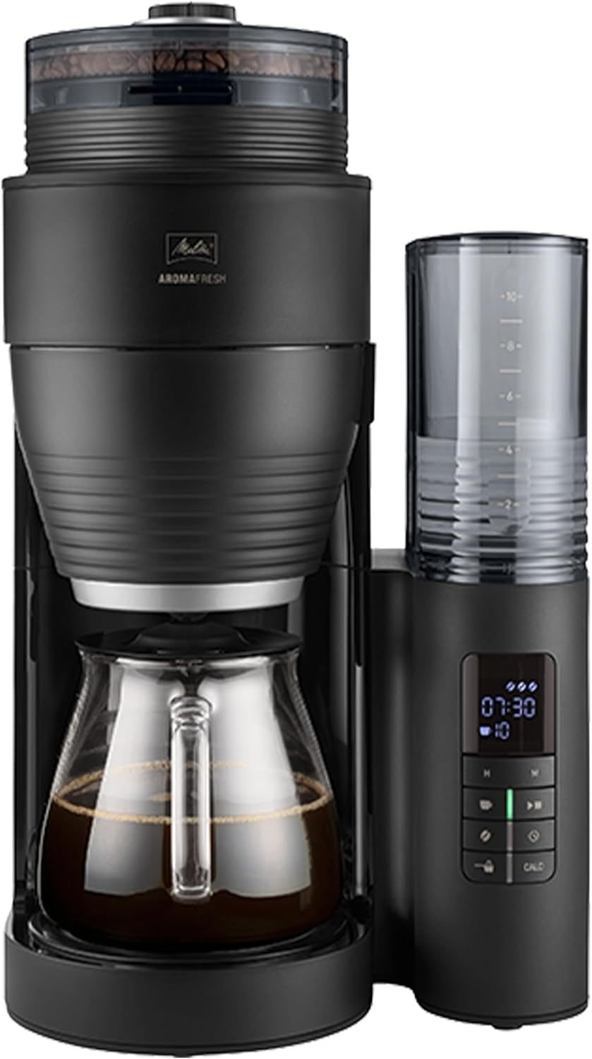Melitta AromaFresh X Macchina da caffè filtro con macinacaffè – Caraffa in vetro, antigoccia, fino a 10 tazze, nero/argento