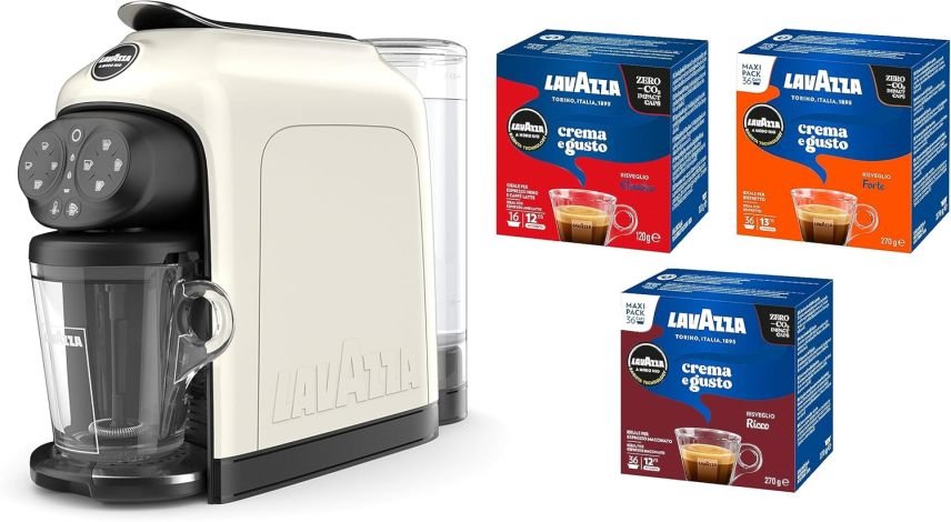 Lavazza A Modo Mio Deséa White Cream Macchina da caffè – Con 88 capsule assortite, 1500 W, serbatoio 1,1 L, contenitore fino a 10 capsule