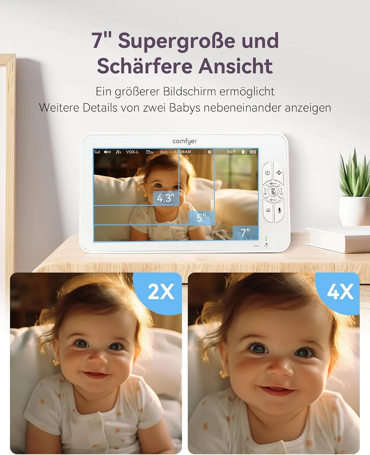 Comfyer Baby monitor video con schermo diviso e 2 telecamere, display 7 pollici HD 720p, senza Wi-Fi, supporto, visione notturna IR, obiettivo grandangolare, modalità VOX, audio bidirezionale