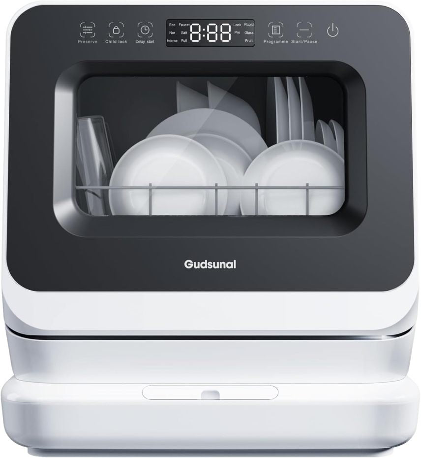 Gudsunal Mini lavastoviglie da banco con serbatoio 7 L, senza collegamento idrico, 6 programmi, igiene ad alta temperatura 72 °C, asciugatura ibrida