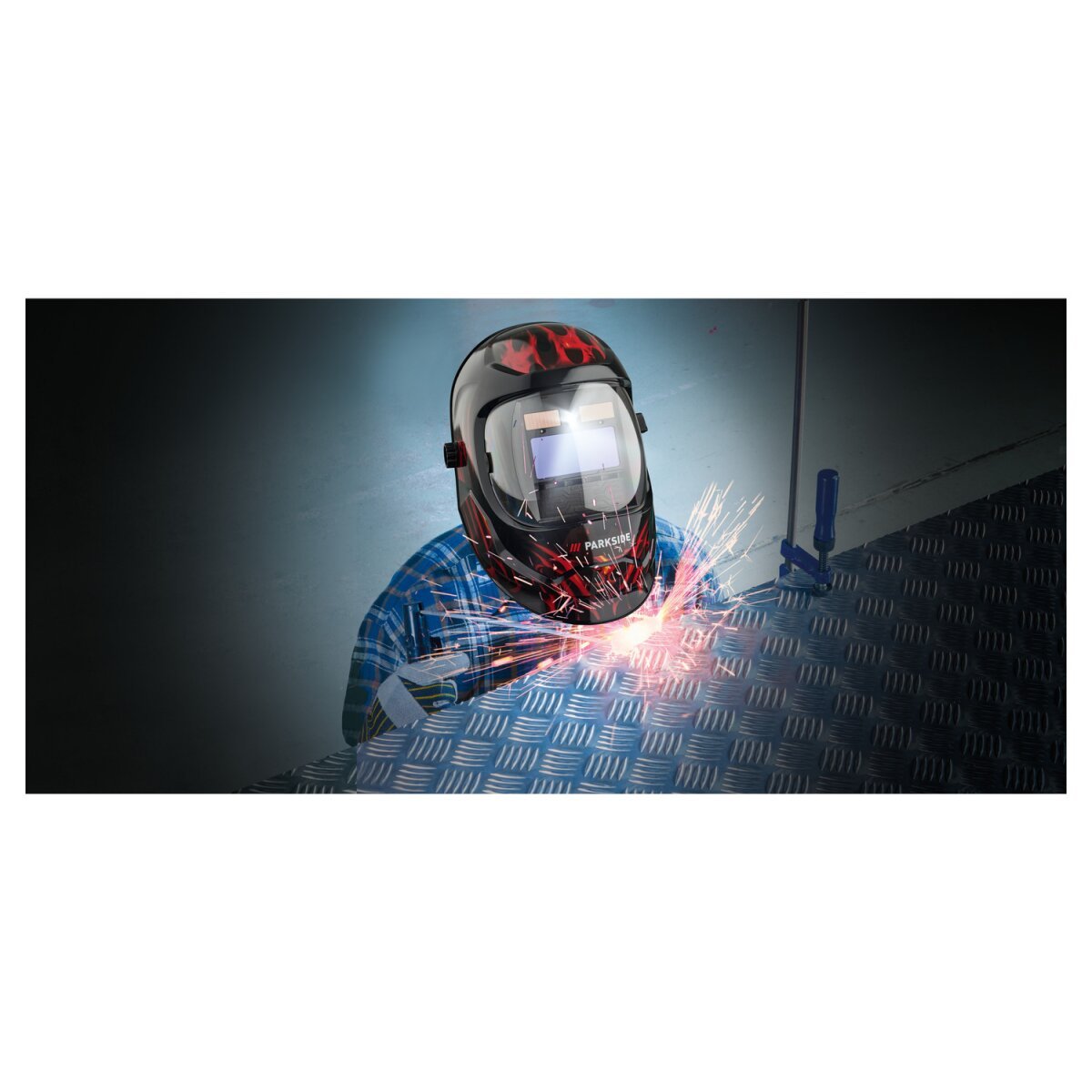 PARKSIDE® PSHL 2 D1 Casco da saldatura automatico con LED, nero/fiamme – Articolo di seconda scelta, come nuovo
