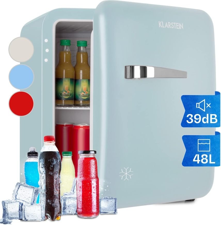 Klarstein Audrey Mini Frigorifero retrò 70 L – Minibar a libera installazione, raffreddamento a compressore, 0–10 °C, rosso