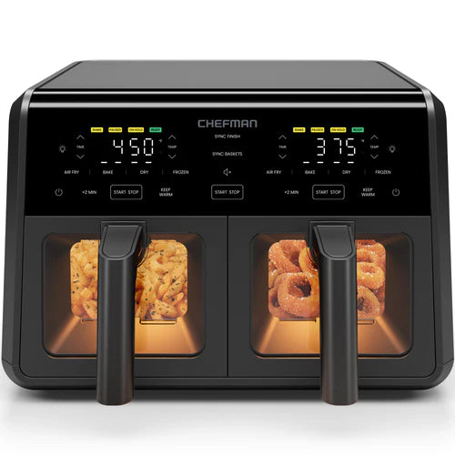 Chefman TurboFry Dual Basket Airfryer 9 qt con finestre – Friggitrice ad aria a 2 scomparti, grande capacità, nera