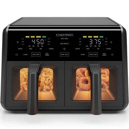 Chefman TurboFry Airfryer a doppio cestello 9 qt con finestre - Friggitrice senza olio a 2 scomparti, grande capacità, Nero