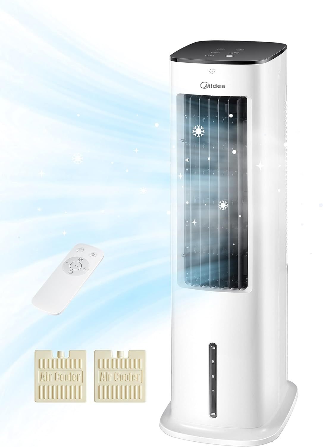 Midea Raffrescatore d'aria con raffreddamento ad acqua – Serbatoio 5 L, umidificatore, ionizzazione, senza tubo di scarico, 355 m³/h, telecomando, 55 W, bianco