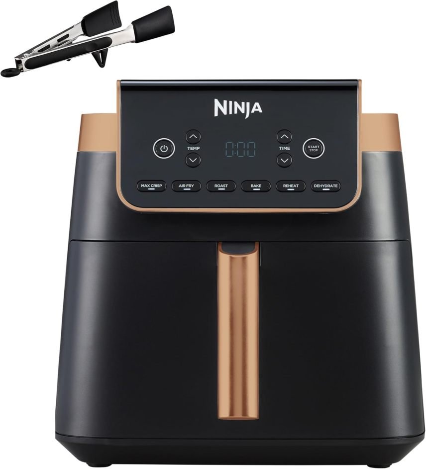 Ninja MAX PRO Airfryer AF180EUCP 6,2 L – Senza olio, ampio cassetto, arrosto, cottura, Air Fry, antiaderente, cestello e griglia Crisper lavabili in lavastoviglie, pinza in silicone, nero/rame