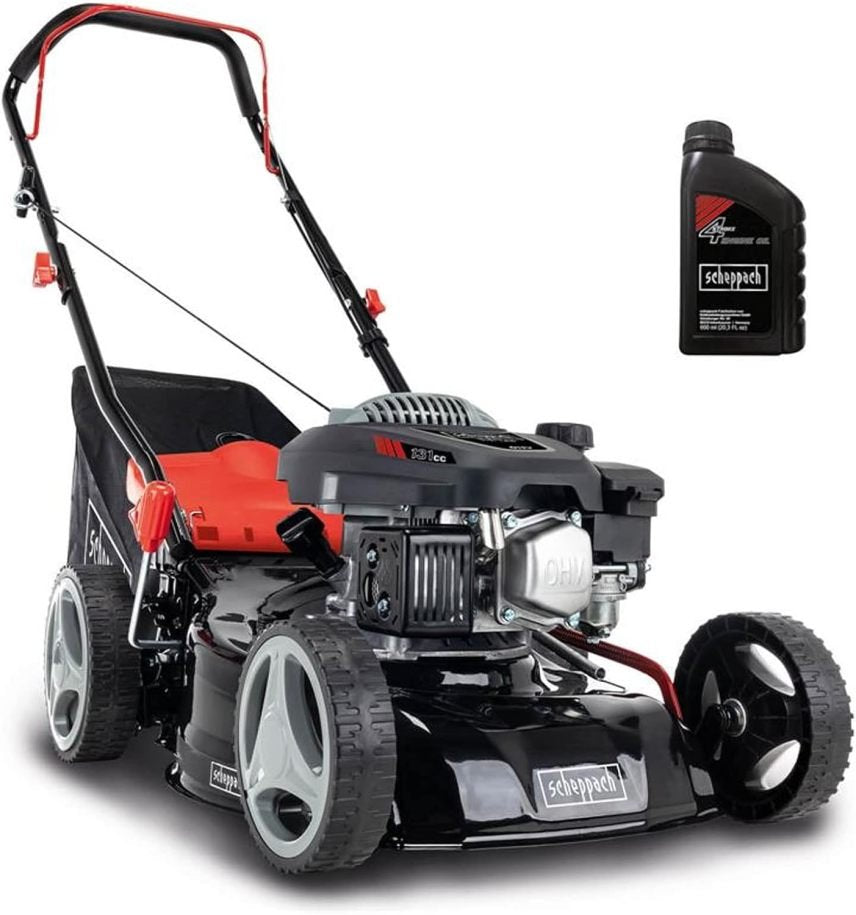 Scheppach RM420 Tosaerba 3 in 1, 3,4 CV – Larghezza di taglio 420 mm, cesto 45 L, altezza 25-75 mm, olio motore incluso
