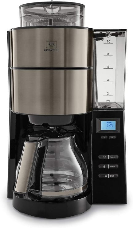Melitta AromaFresh Macchina da caffè filtro con caraffa in vetro – Macinacaffè integrato, timer, 10 tazze, Pure Black