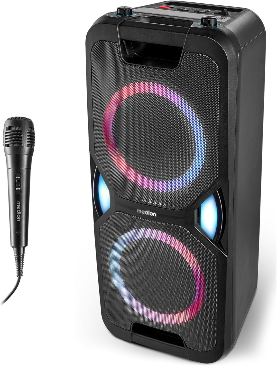 MEDION P61468 Sistema audio per feste – Microfono incluso, karaoke, batteria, radio FM, Bluetooth 5.0, 2 × 220 W, LED a colori, USB, AUX, 2 ingressi microfono