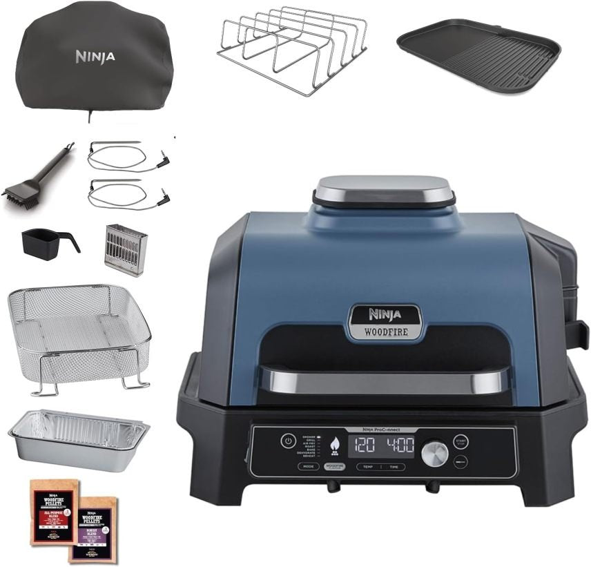 Ninja Woodfire Grill elettrico 7 in 1, affumicatore e Airfryer: frigge ad aria, affumica, arrostisce, cuoce al forno e altro ancora, resistente alle intemperie, antiaderente