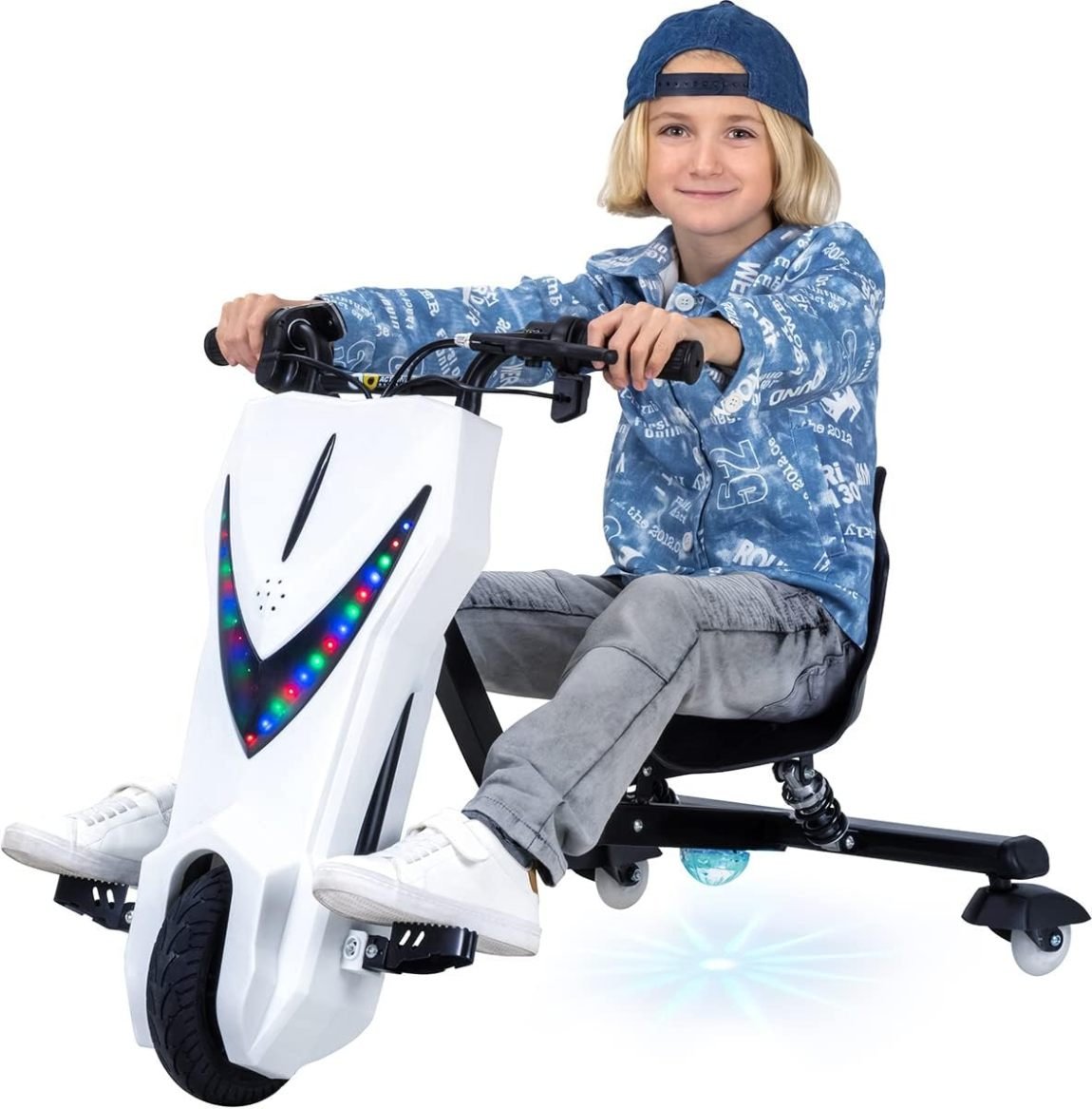 Actionbikes Motors Drift kart elettrico per bambini – Motore 250 W, drift 360°, 3 velocità, LED, sedile regolabile, Bluetooth, Space Purple