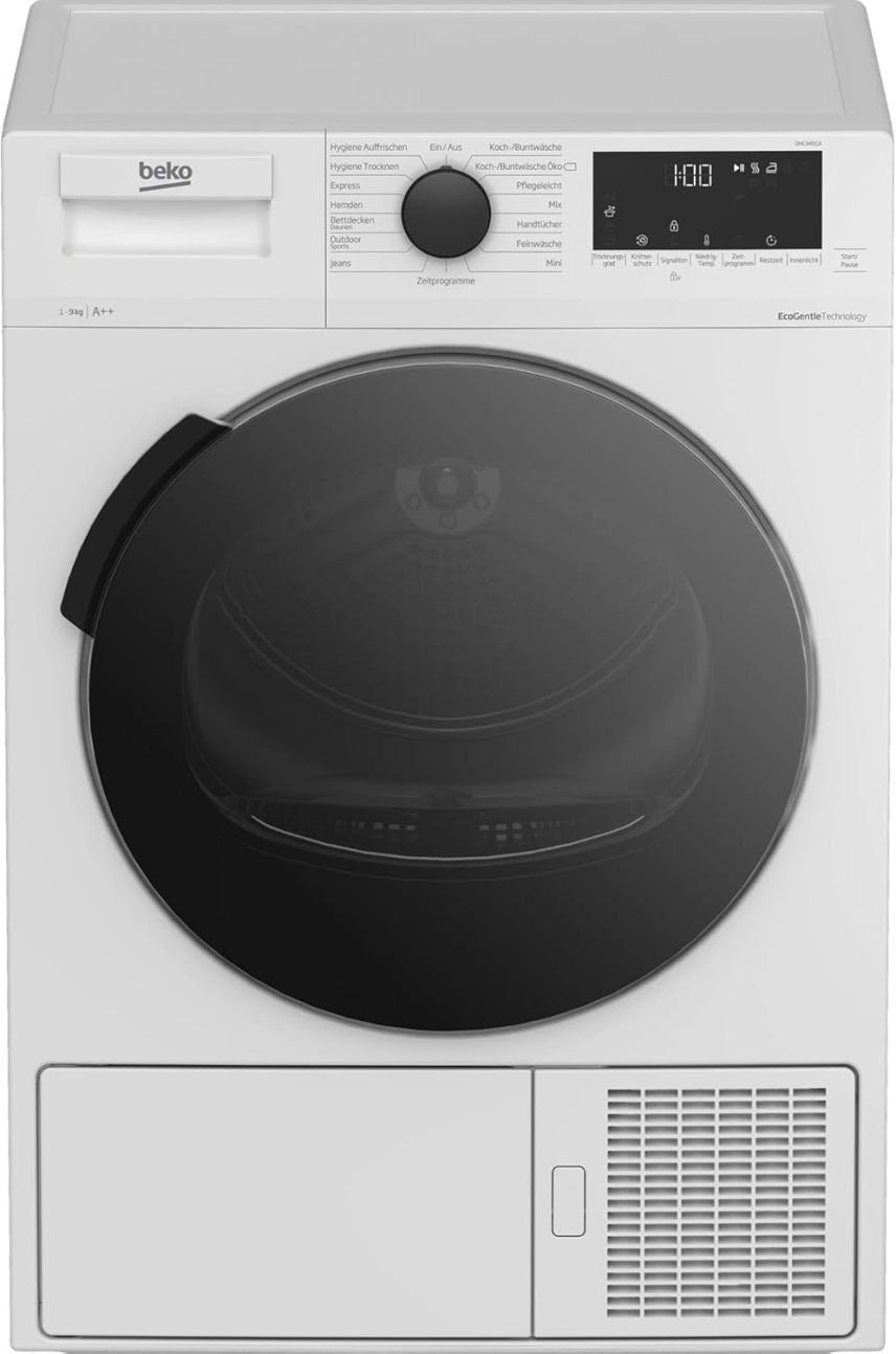 Beko DHC946GX b300 Asciugatrice a pompa di calore 9 kg – Caricamento frontale, cestello AquaWave, programmi igiene asciugatura/rinfrescamento, 15 programmi, bianca