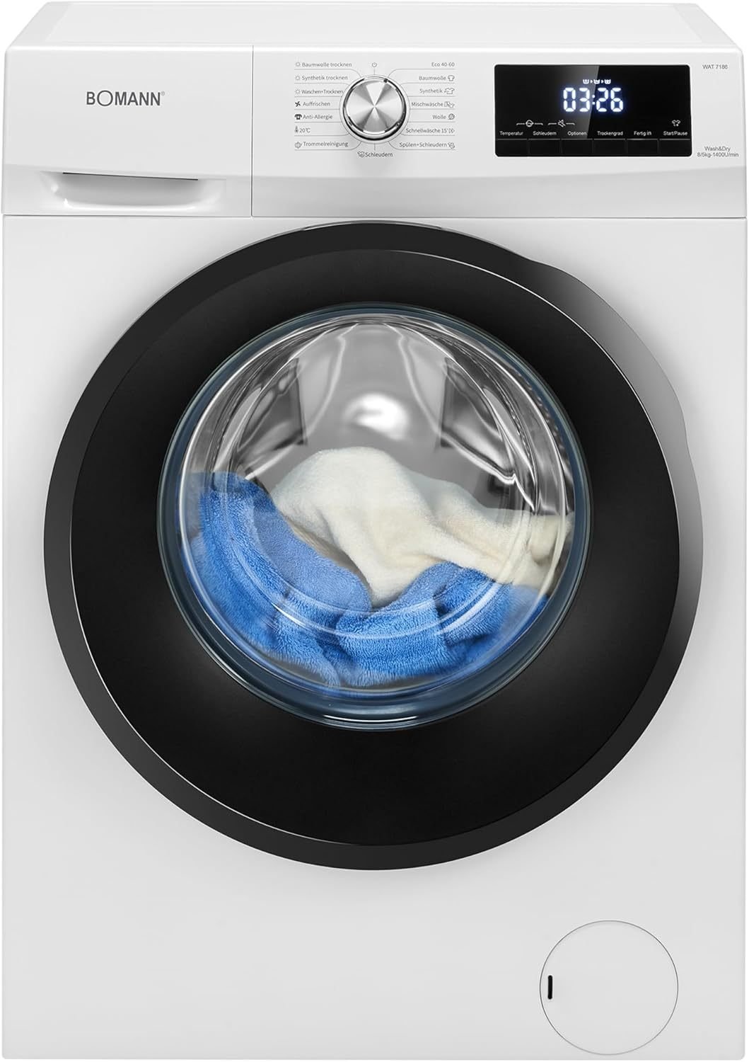 Bomann WAT 7186 Lavasciuga – 8 kg lavaggio/5 kg asciugatura, 1400 giri/min, motore inverter, funzione vapore, bianco