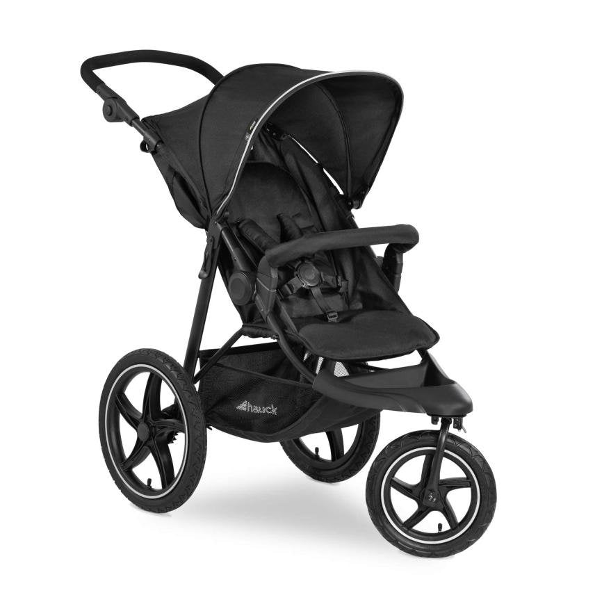 Hauck Runner 2 Passeggino fuoristrada a 3 ruote con grandi ruote pneumatiche, fino a 22 kg, protezione UV 50+, finestra di ventilazione, altezza regolabile, pieghevole, cestino XL 3 kg, posizione reclinata, nero