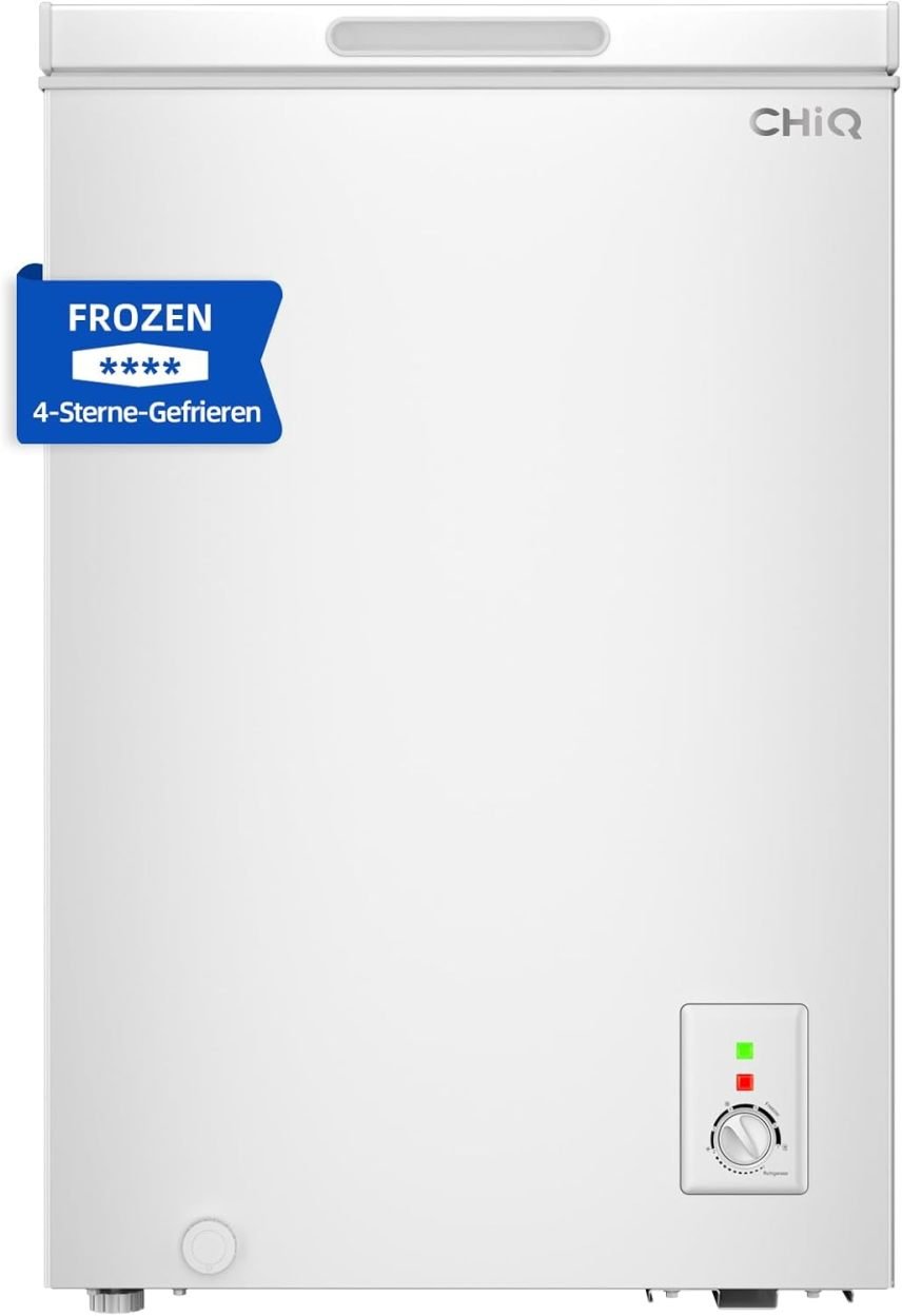 CHiQ FCF98DE Congelatore a pozzetto 99 L – 54,5 × 47,6 × 83,5 cm, 4 stelle, termostato, cestello metallico, porta sospesa, silenzioso, bianco