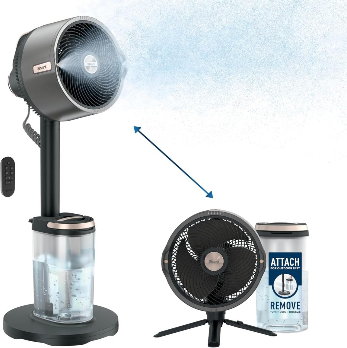 Shark FlexBreeze Pro Ventilatore nebulizzatore – Interno/esterno, nebulizzazione integrata, base convertibile in modello da tavolo, con cavo o senza fili, fino a 24 h, oscillante, antracite, FA302 edizione