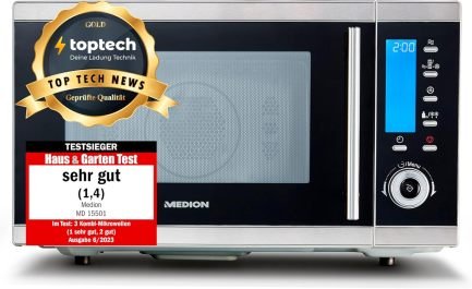 MEDION MD 15501 Microonde 4-in-1 con grill – 25 L, microonde 900 W, grill 1100 W, aria calda 2500 W, 10 programmi automatici, argento