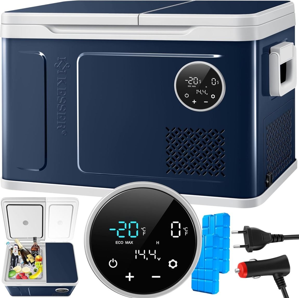 KESSER Frigo portatile a compressore 2 in 1 doppia zona refrigerazione/congelamento – 2 accumulatori di freddo, comandi touch LED, fino a -20 °C, 12/24 V e 230 V, campeggio/auto/camion