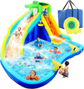 Parco acquatico gonfiabile per bambini 8 in 1 con soffiatore 450 W – Parete da arrampicata, piscinetta, 2 cannoni ad acqua, canestro da basket, scivolo e irrigatore a coccodrillo