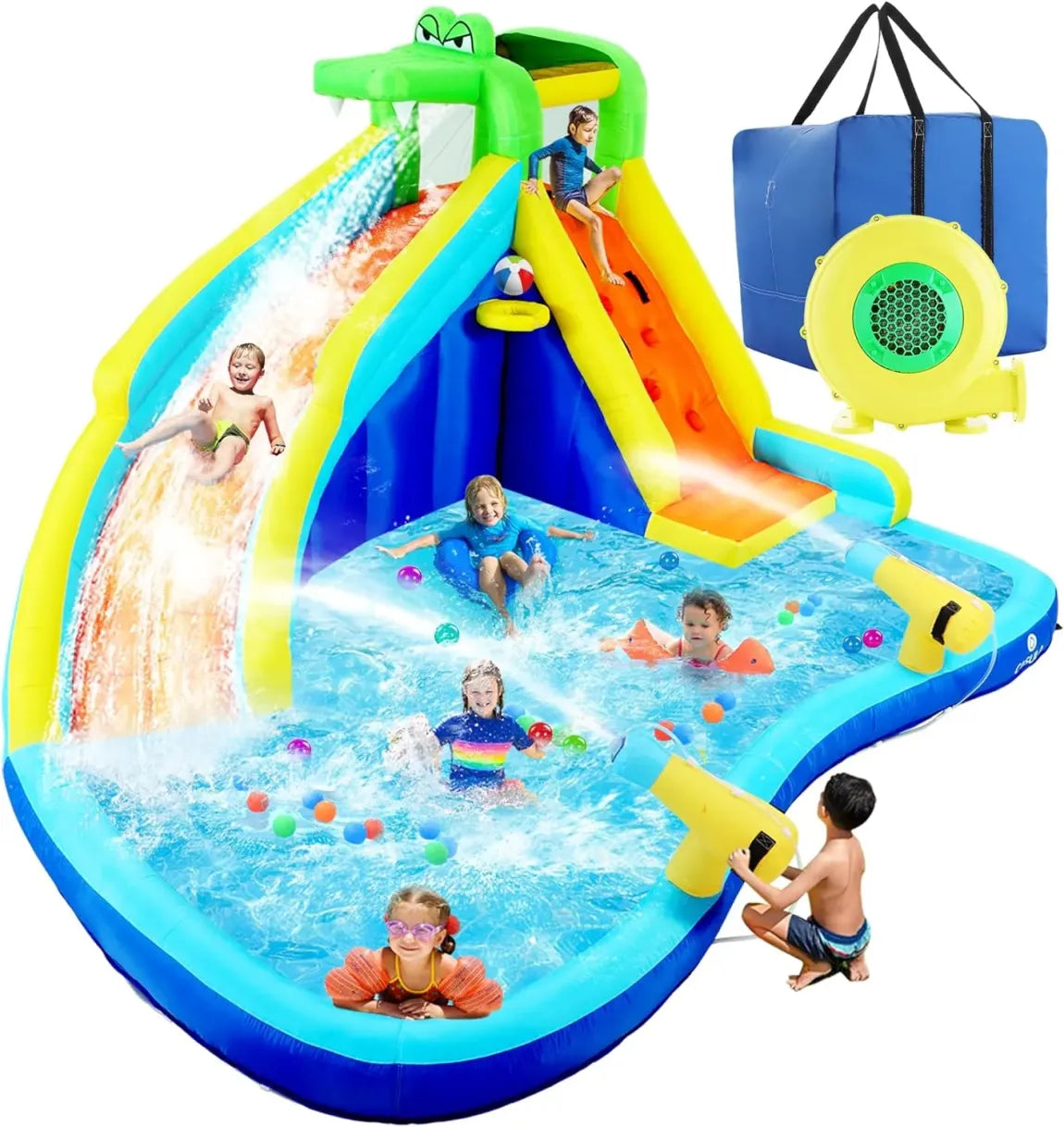 Parco acquatico gonfiabile per bambini 8 in 1 con soffiatore 450 W – Parete da arrampicata, piscinetta, 2 cannoni ad acqua, canestro da basket, scivolo e irrigatore a coccodrillo