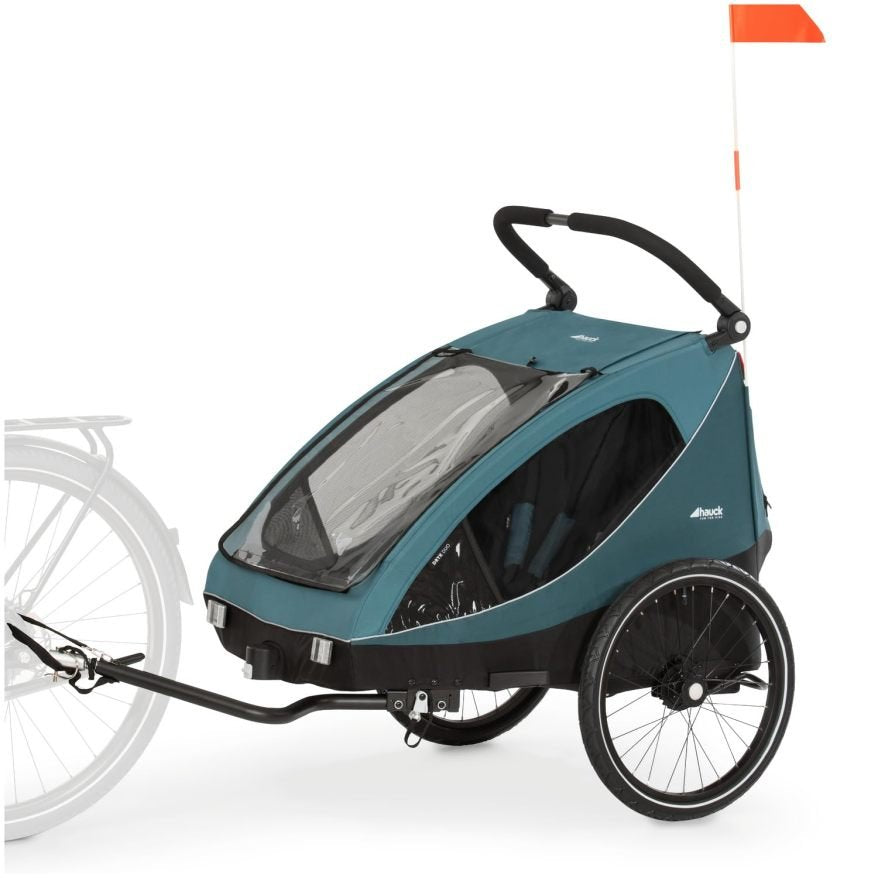 Hauck Dryk Duo Plus Rimorchio bicicletta e passeggino sospeso per 2 bambini da 6 a 48 mesi, timone, ruota passeggino, bandierina e LED inclusi, pieghevole