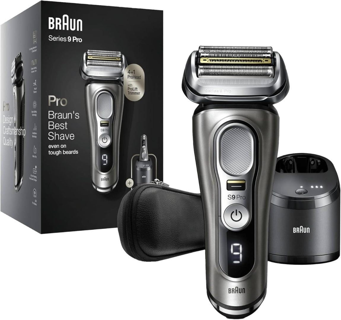 Braun Series 9 Pro Rasoio elettrico premium da uomo – 4+1 elementi di rasatura, rifinitore, stazione di pulizia, autonomia 60 min, 9465cc, finitura Noble Metal