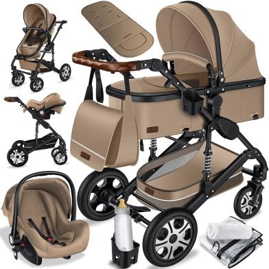 KESSER Loops Passeggino combinato 3 in 1 – Navicella, seduta sportiva e ovetto auto ECE R129, pneumatici pieni, borsa cambio, parapioggia, vassoio bambino, nero/champagne