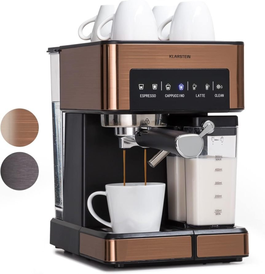 Klarstein Macchina espresso con portafiltro e montalatte – 1,8 L, 20 bar, inox, serbatoio latte 0,5 L, 1350 W, caffè macinato