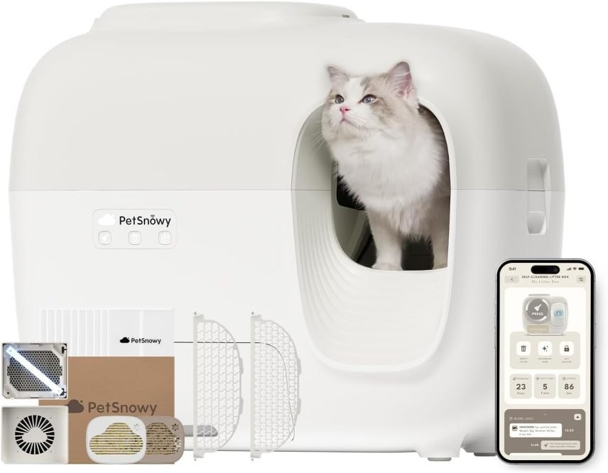 PetSnowy Lettiera autopulente per gatti con controllo odori TiO2, app, confezionamento automatico, per gatti grandi e famiglie con più gatti 1,5-9 kg, capacità max 83 L, edizione Premium 2025
