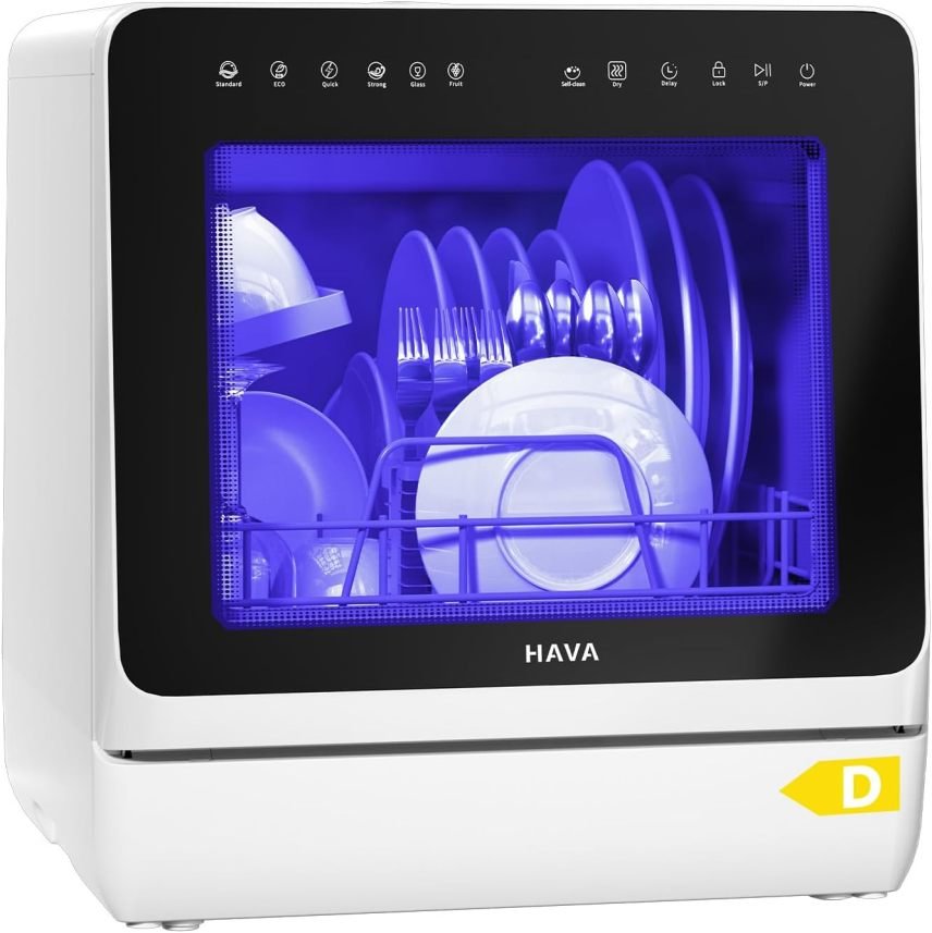 HAVA 2025 Nuova mini lavastoviglie da tavolo con addolcitore d'acqua, efficienza energetica migliorata, 8 programmi, sicurezza bambini e partenza ritardata