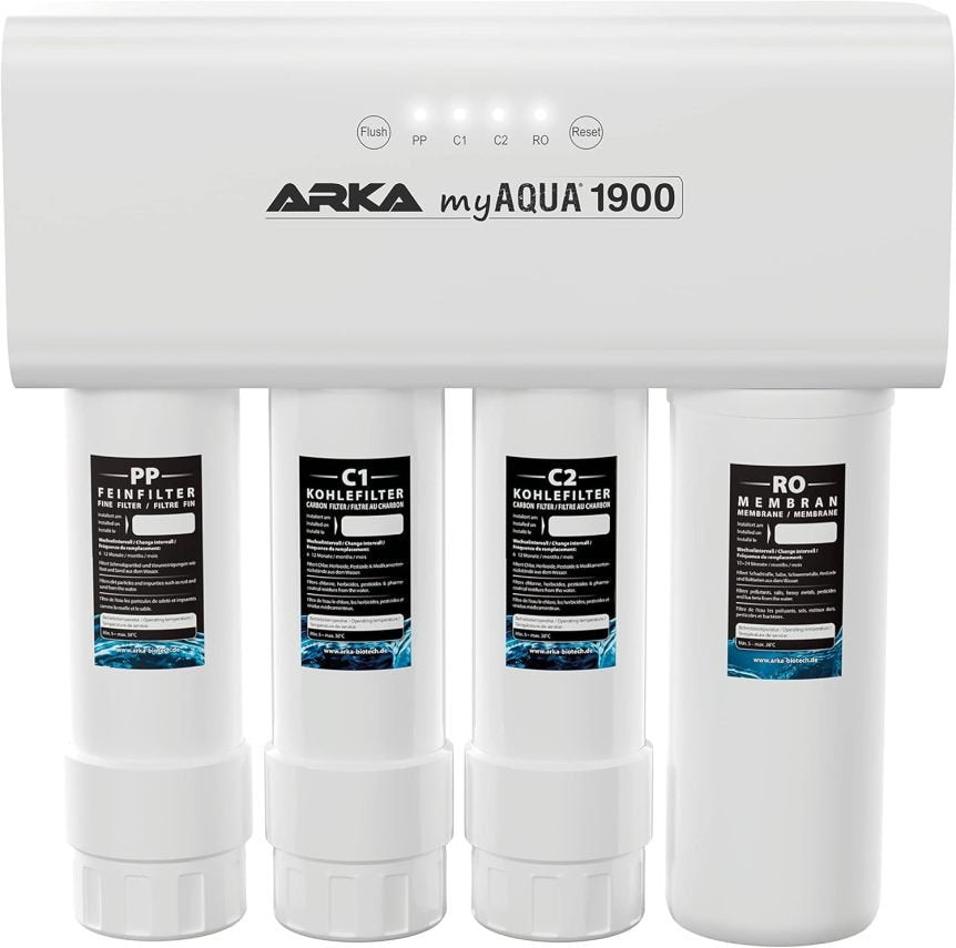 ARKA myAQUA 1900 Sistema ad osmosi inversa 1900 L/giorno – Filtrazione e addolcimento, elimina fino al 99% di sali, sostanze inquinanti e batteri, acquario