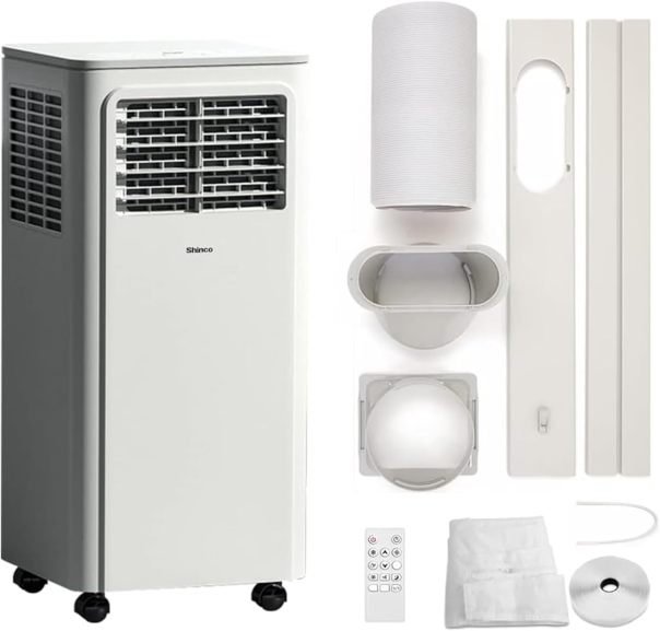 SHINCO Climatizzatore portatile con tubo 9000 BTU / 2,6 kW – Raffredda, ventila e deumidifica, modalità sonno, fino a 22 m², timer 24 h