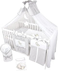 Bello24 Set lettino neonato 16 pezzi Happy Leo – Lettino, biancheria e materasso, altezza regolabile, legno massello, grigio motivo orso/luna
