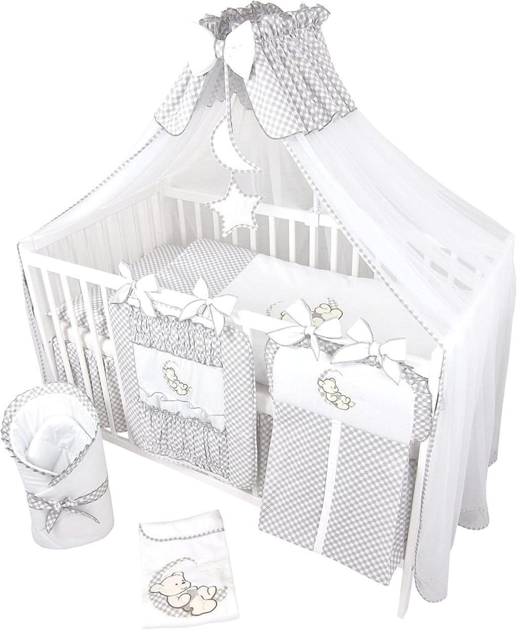 Bello24 Set lettino neonato 16 pezzi Happy Leo – Lettino, biancheria e materasso, altezza regolabile, legno massello, grigio motivo orso/luna