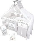 Bello24 Set per lettino per bambini Happy Leo, 16 pezzi, lettino, biancheria da letto e materasso, altezza regolabile, legno massello, motivo orso grigio/luna