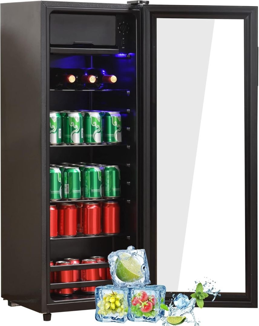 Merax Frigorifero 128 L a libera installazione – 120 L frigorifero + 8 L congelatore, illuminazione LED interna, ripiani regolabili