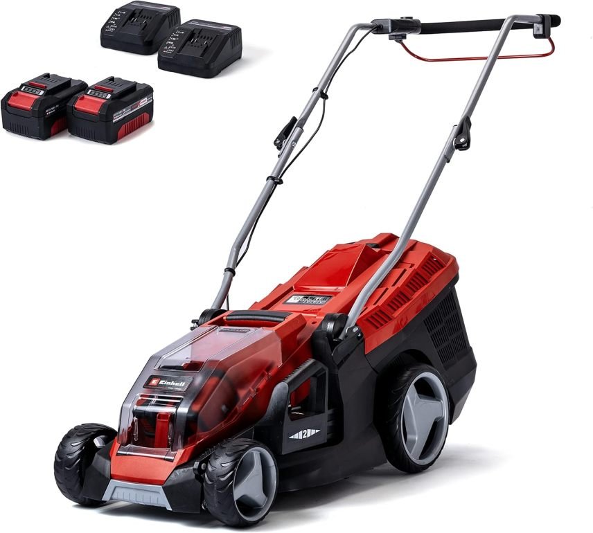 Einhell GE-CM 36/36 Li Kit Power X-Change Tosaerba a batteria 36 V – Larghezza 36 cm, fino a 400 m², motore brushless, cesto 40 L, altezza 25-75 mm, 2 batterie 4,0 Ah + 2 caricabatterie