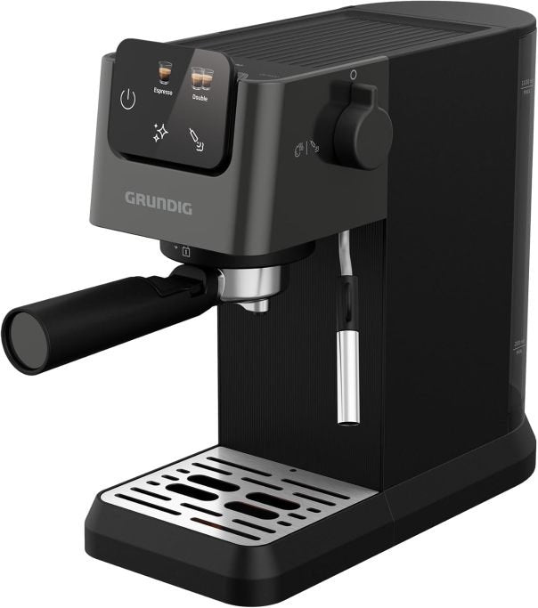 GRUNDIG KSM 5330 Macchina espresso con portafiltro – Serbatoio latte integrato, 1628 W, pompa 15 bar, doppio erogatore, touchscreen a colori, BrewSense, CreamyPro, Dark Inox/nero