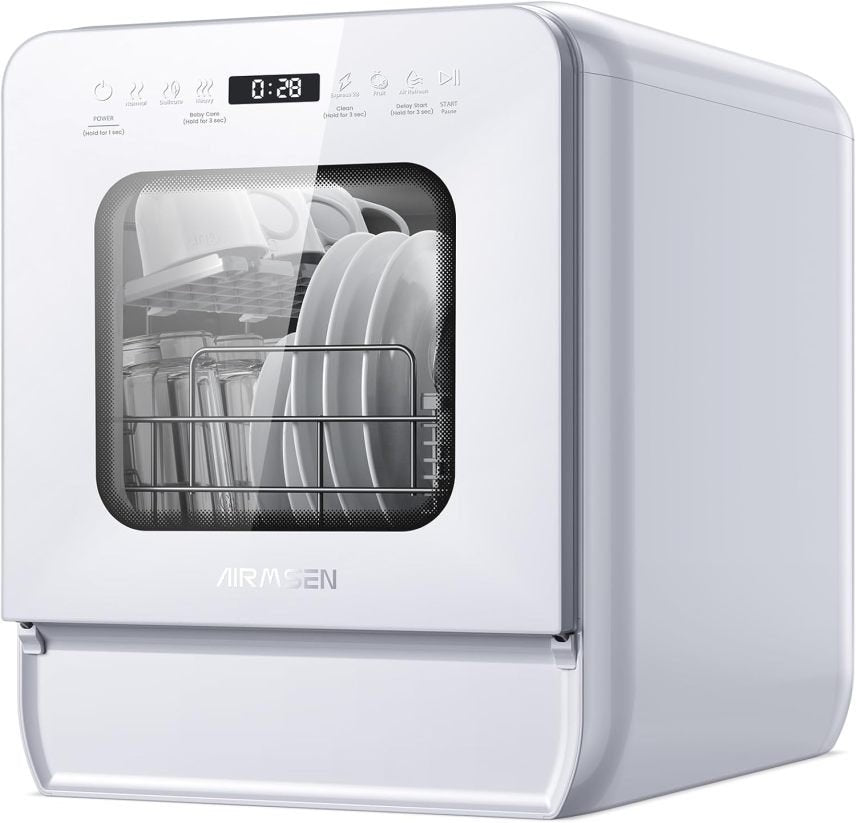 AIRMSEN Mini lavastoviglie da banco con serbatoio d'acqua e brillantante, 9 programmi, 37 × 50 cm, formato ultra-stretto, timer 1-24 h, lavaggio 360°