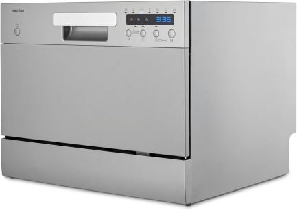MEDION DWT60 Mini lavastoviglie da tavolo – 6 coperti, 7 programmi, Eco, ca. 6,5 L, AquaStop, display LED, sicurezza bambini, MD37496, argento