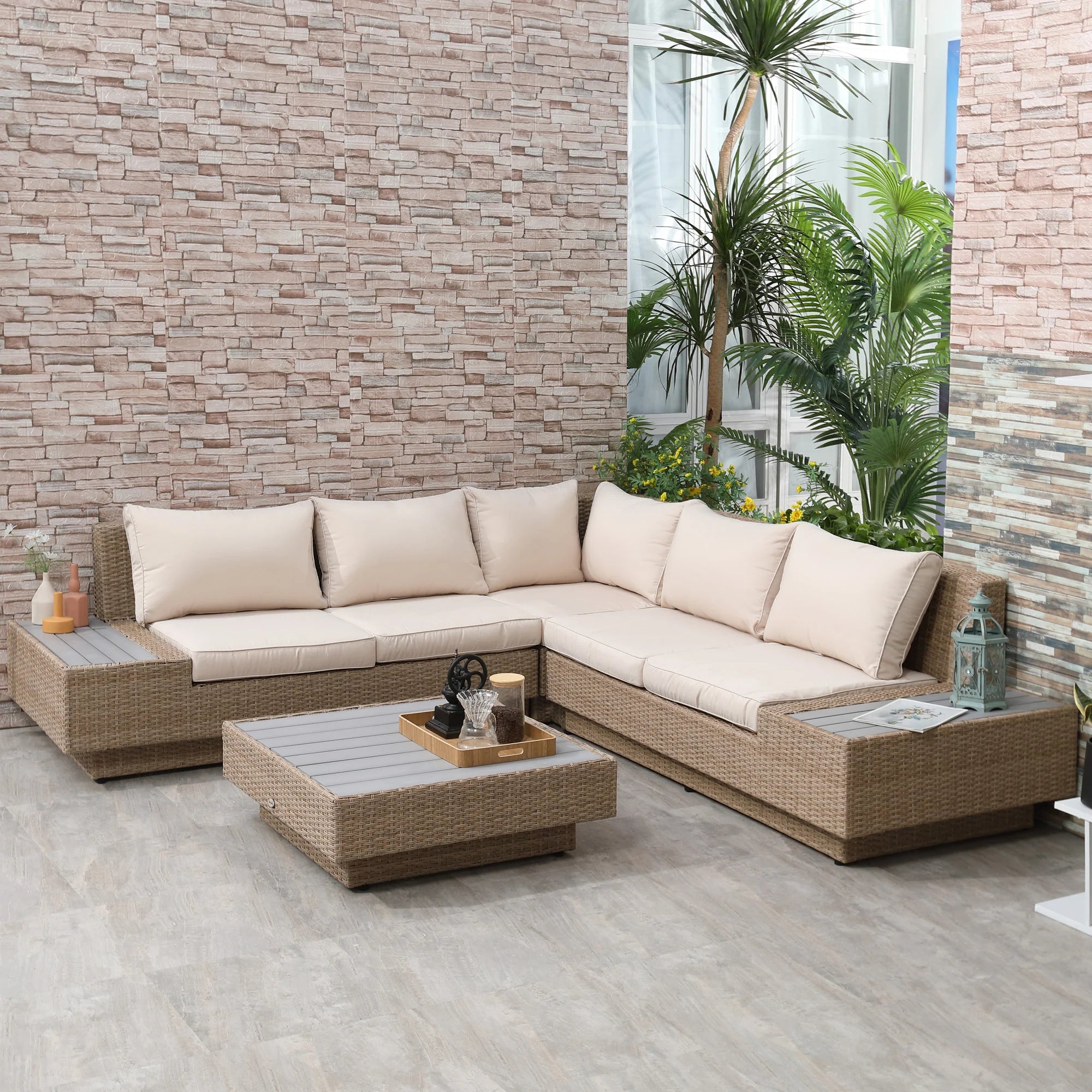 Outsunny Salotto da giardino 4 pezzi in polyrattan con ripiano, resistente alle intemperie