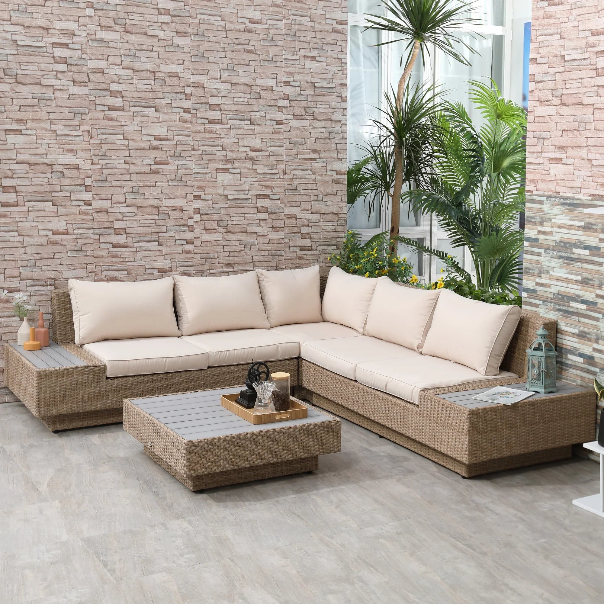 Set da giardino Outsunny in polyrattan da 4 pezzi con ripiano, resistente agli agenti atmosferici