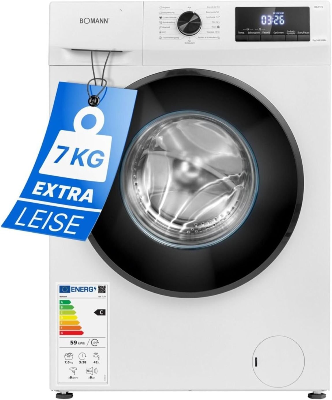 Bomann Lavatrice 7 kg, 1400 giri/min – Garanzia motore 10 anni, inverter silenzioso e durevole, 15 programmi, partenza ritardata, display LED, WA 7175 bianco
