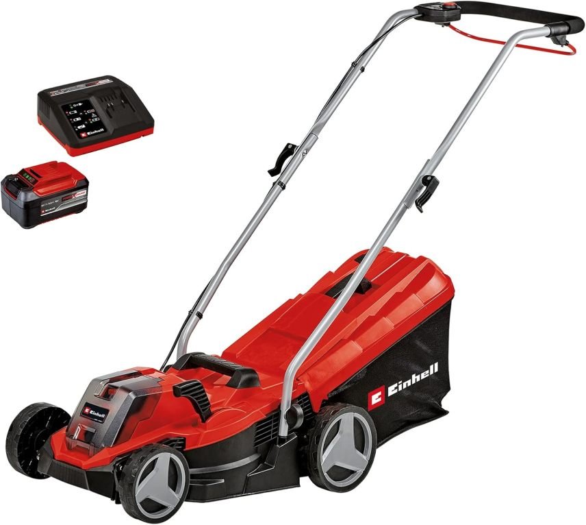 Einhell GE-CM 18/33 Li Kit Power X-Change Tosaerba a batteria 18 V – Larghezza di taglio 33 cm, fino a 200 m², motore brushless, cesto 30 L, altezza 25-65 mm