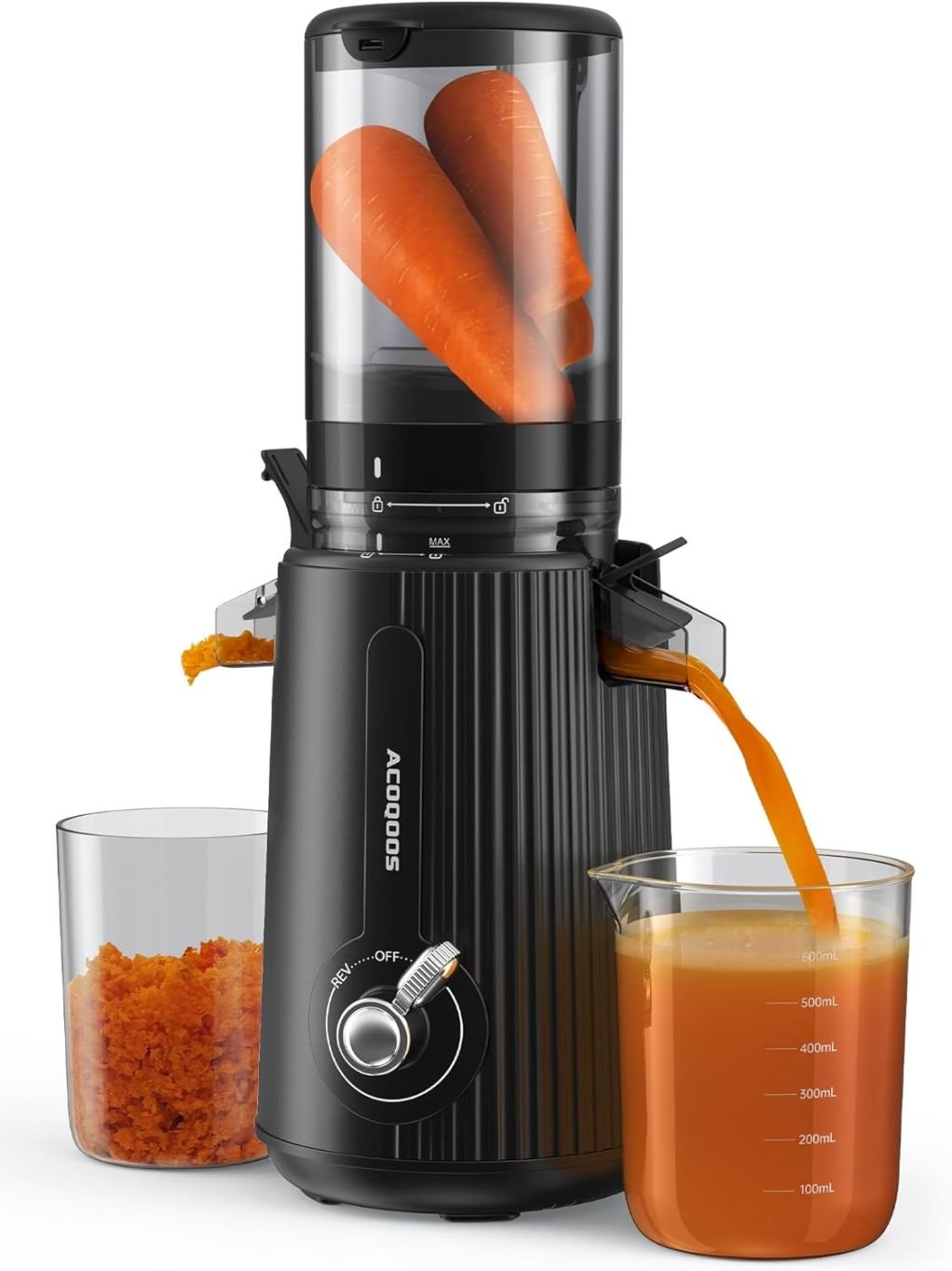 ACOQOOS Estrattore di succo lento per frutta e verdura, ampia apertura 110 mm, facile da pulire, 2 contenitori, nero