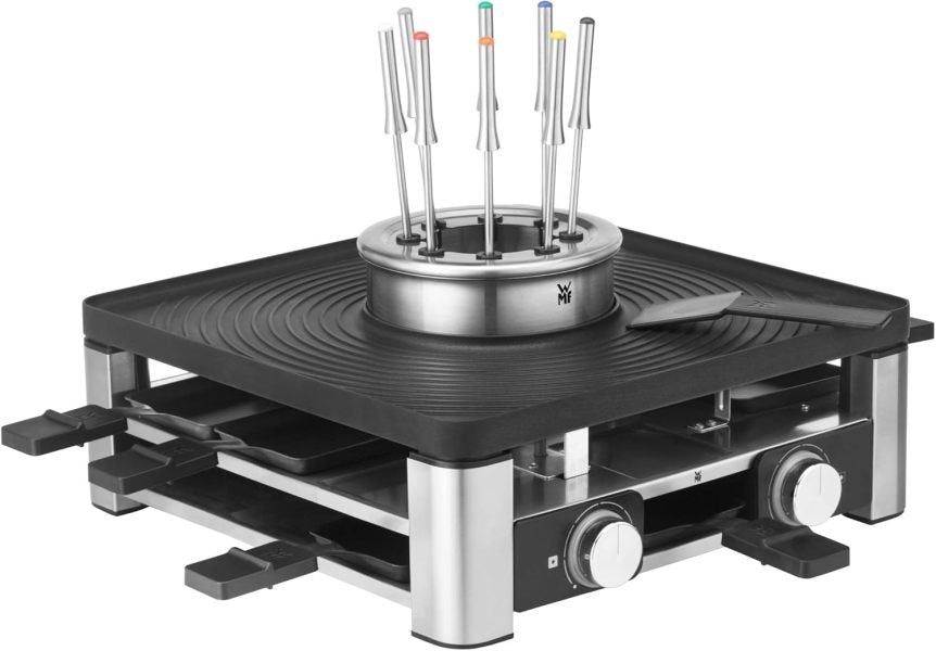 WMF Lumero Stazione Gourmet 3-in-1 per 8 persone – Raclette e fonduta, temperatura regolabile, illuminazione, 1800 W, inox opaco